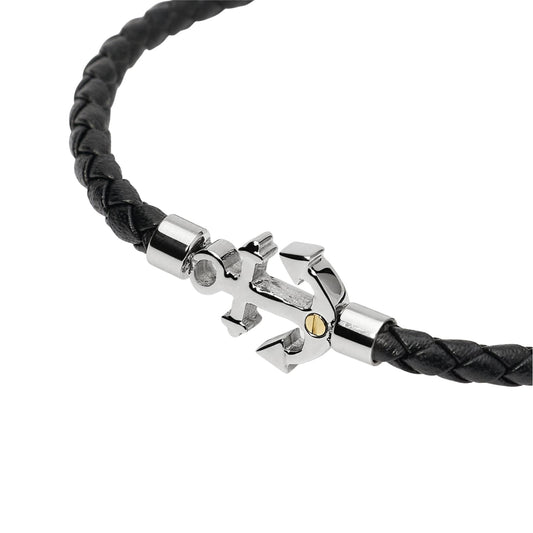 Bracciale Kidult Style in pelle nera con ancora uomo 21 cm
