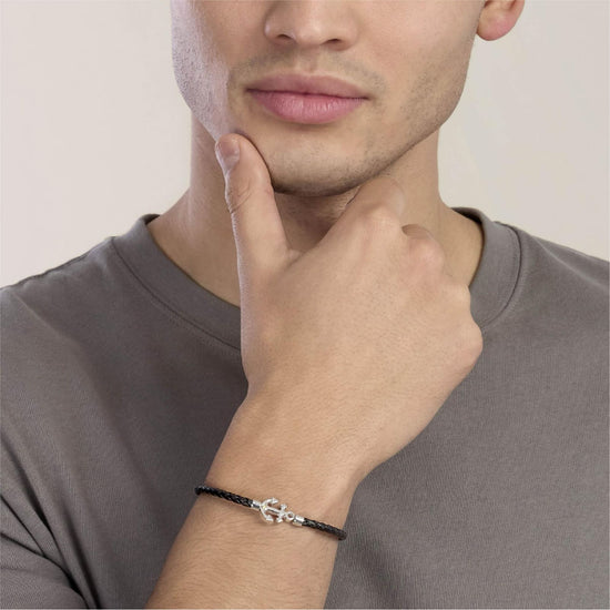 Bracciale Kidult Style in pelle nera con ancora uomo 21 cm