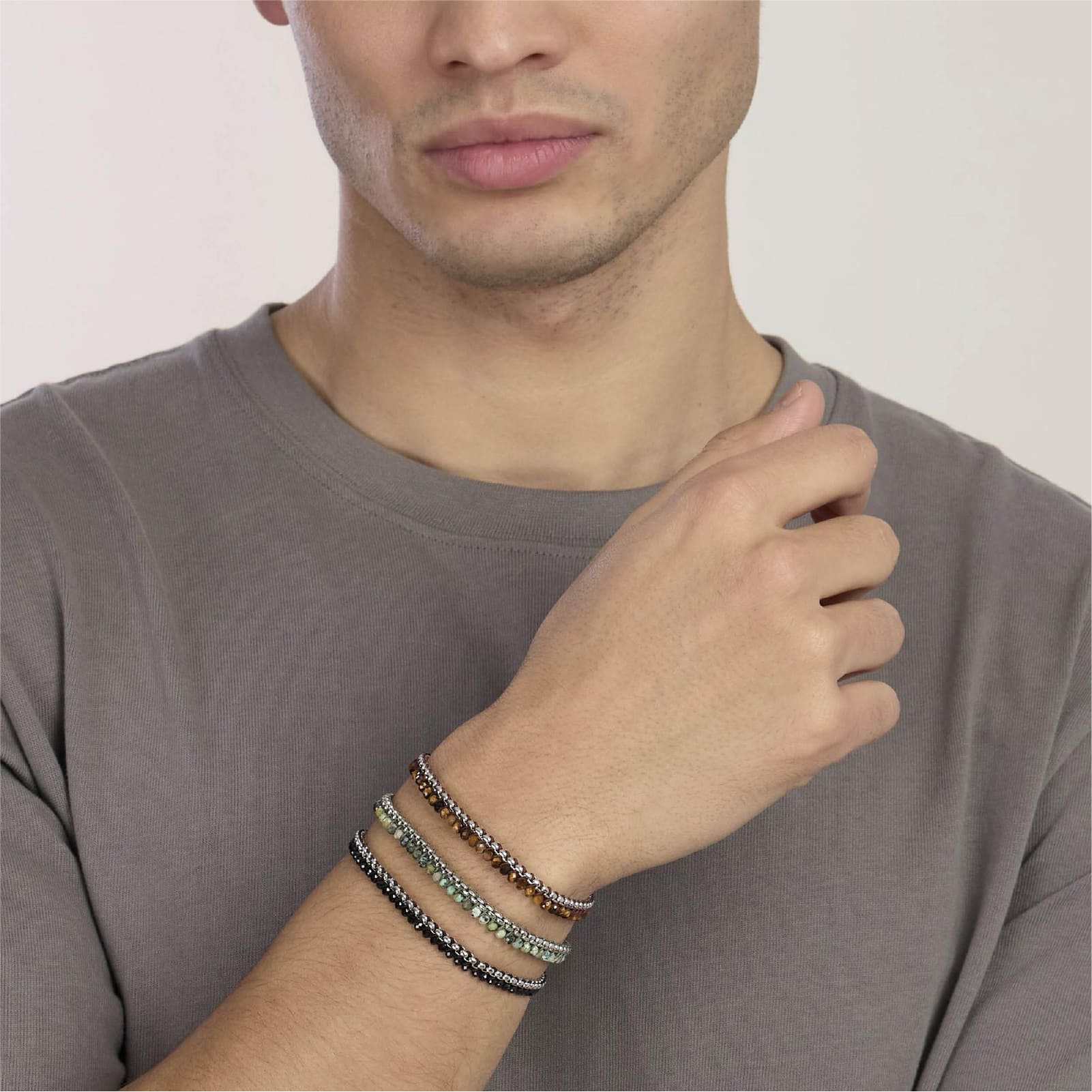 Bracciale Kidult Style in acciaio e nylon pietre verdi uomo 21,5 cm