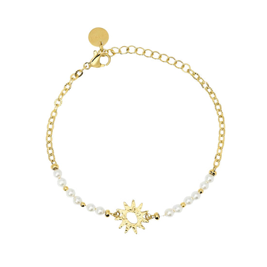 Bracciale Kidult Style in acciaio pvd oro perle e sole centrale 19 cm