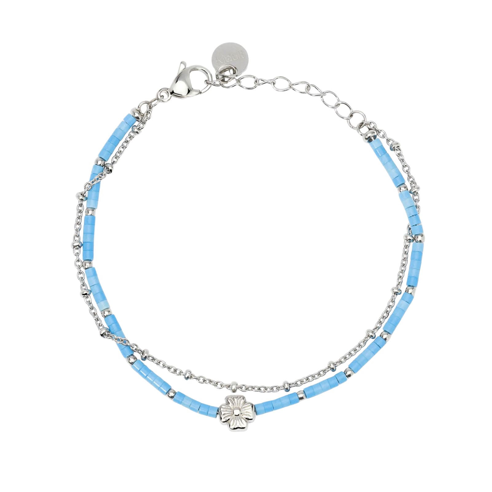 Bracciale Kidult Style in acciaio con cilindri turchese e fiore 19 cm