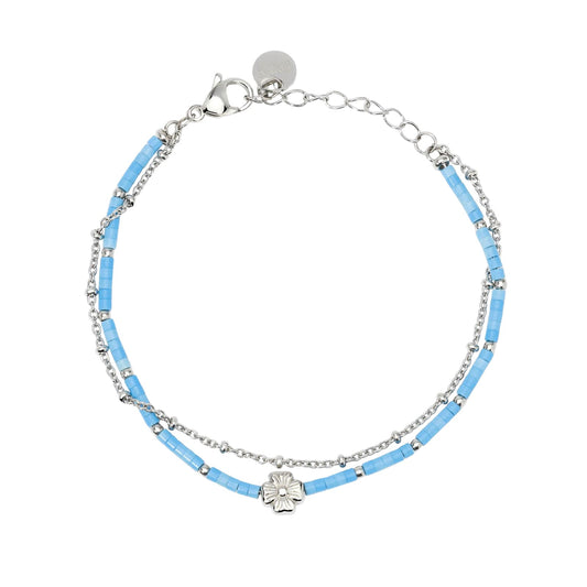 Bracciale Kidult Style in acciaio con cilindri turchese e fiore 19 cm
