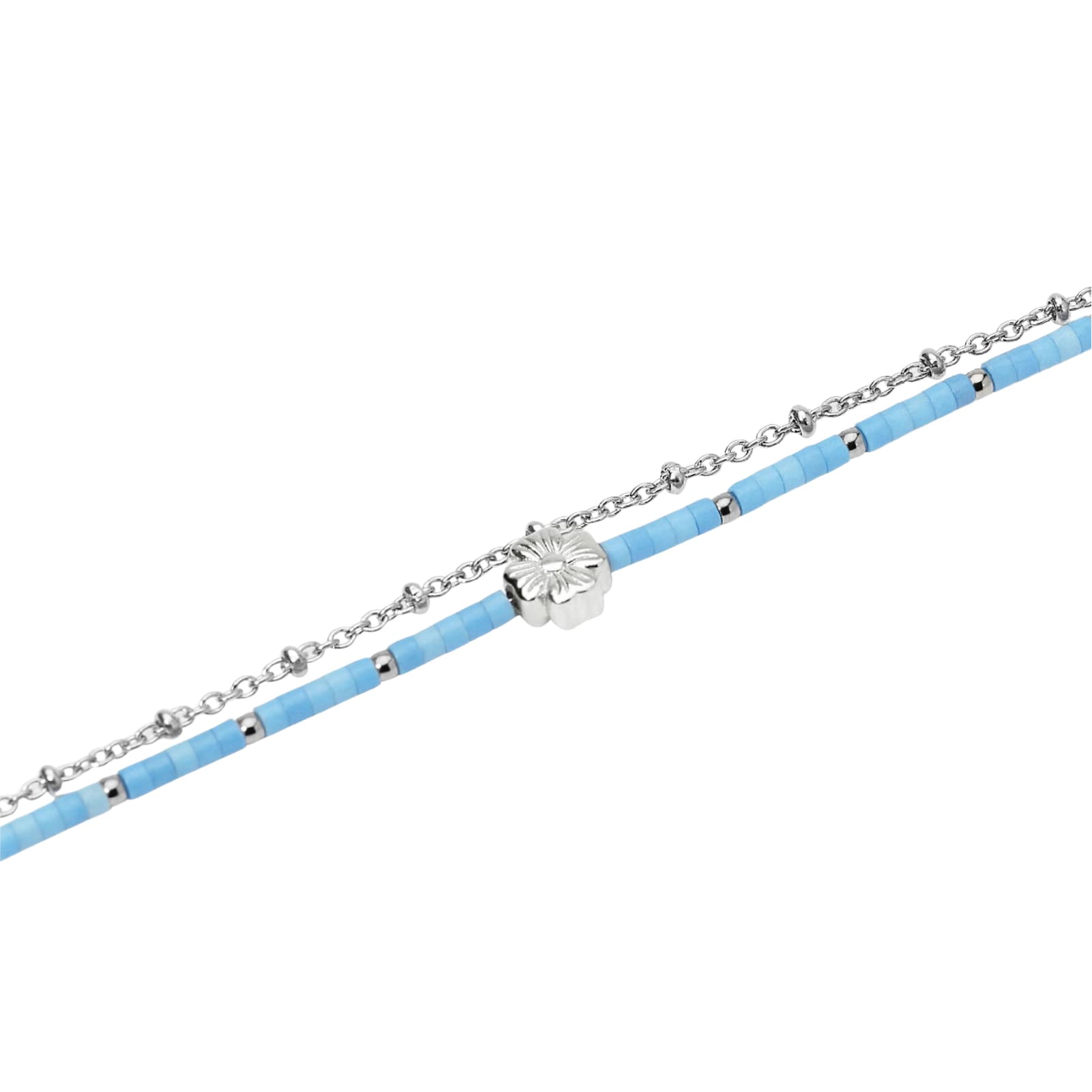 Bracciale Kidult Style in acciaio con cilindri turchese e fiore 19 cm