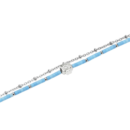 Bracciale Kidult Style in acciaio con cilindri turchese e fiore 19 cm
