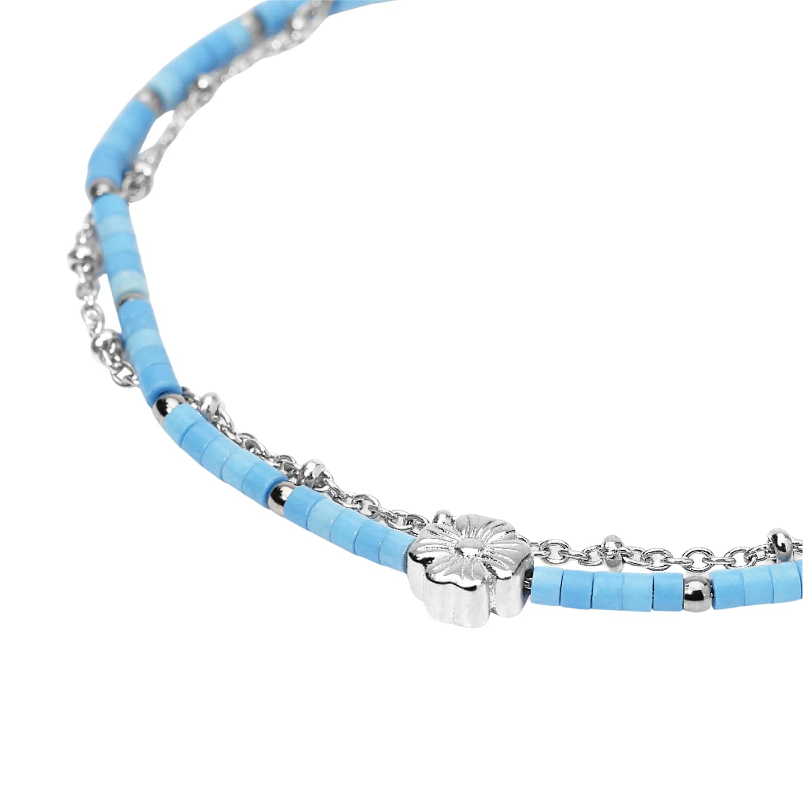 Bracciale Kidult Style in acciaio con cilindri turchese e fiore 19 cm