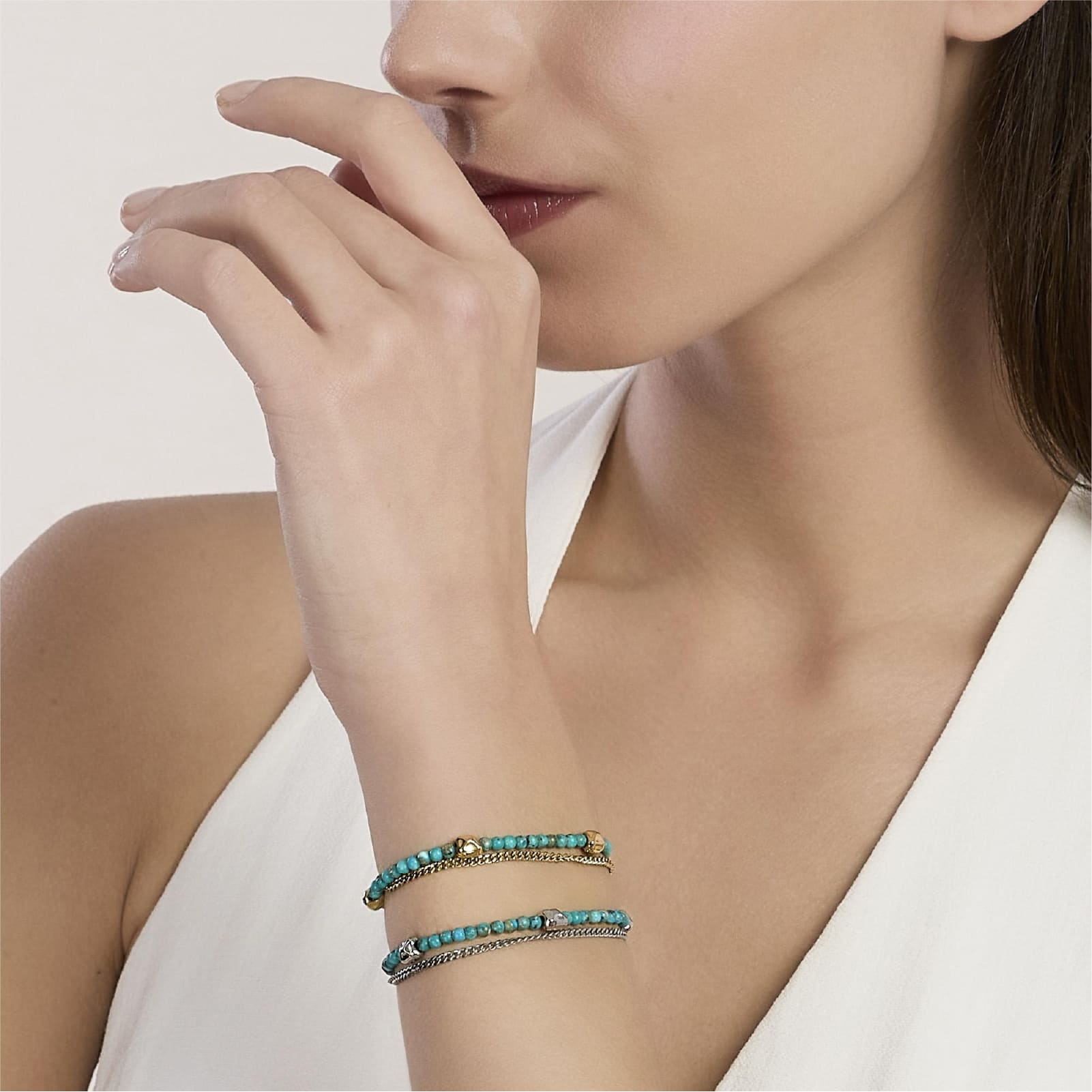 Bracciale catena Kidult Style in acciaio pvd oro con turchese 19 cm