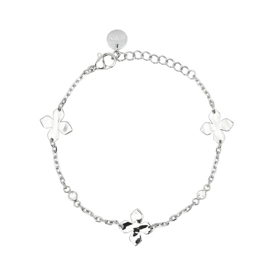 Bracciale Kidult Style in acciaio fiori e cristalli bianchi 19 cm
