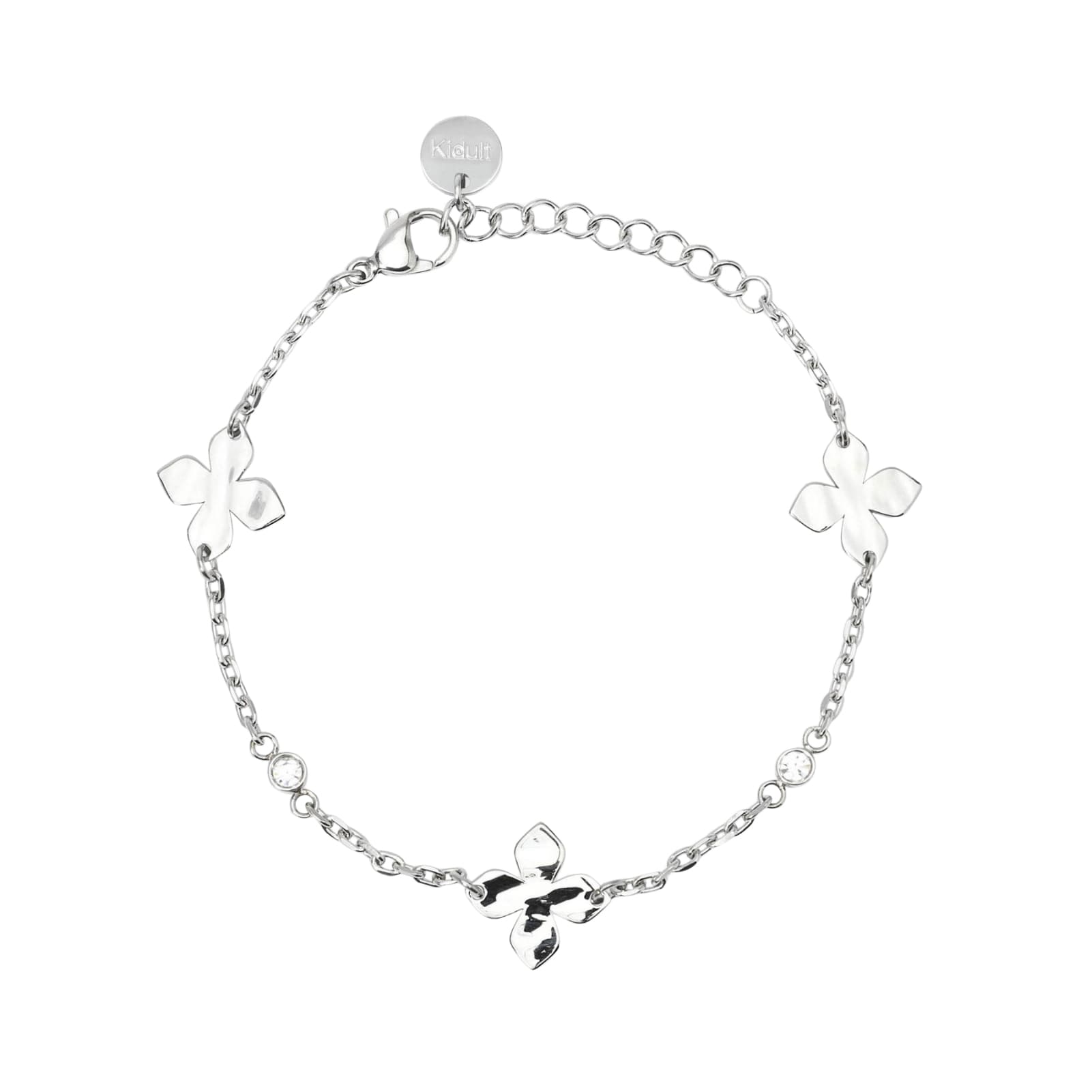 Bracciale Kidult Style in acciaio fiori e cristalli bianchi 19 cm