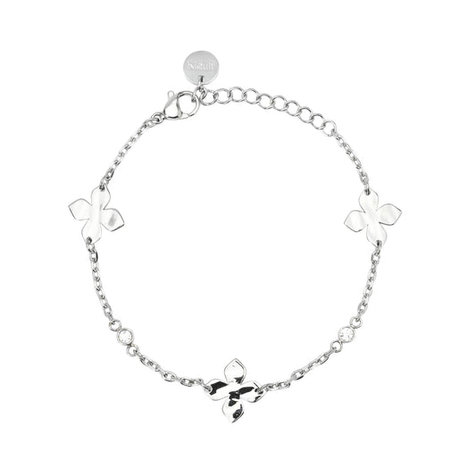 Bracciale Kidult Style in acciaio fiori e cristalli bianchi 19 cm