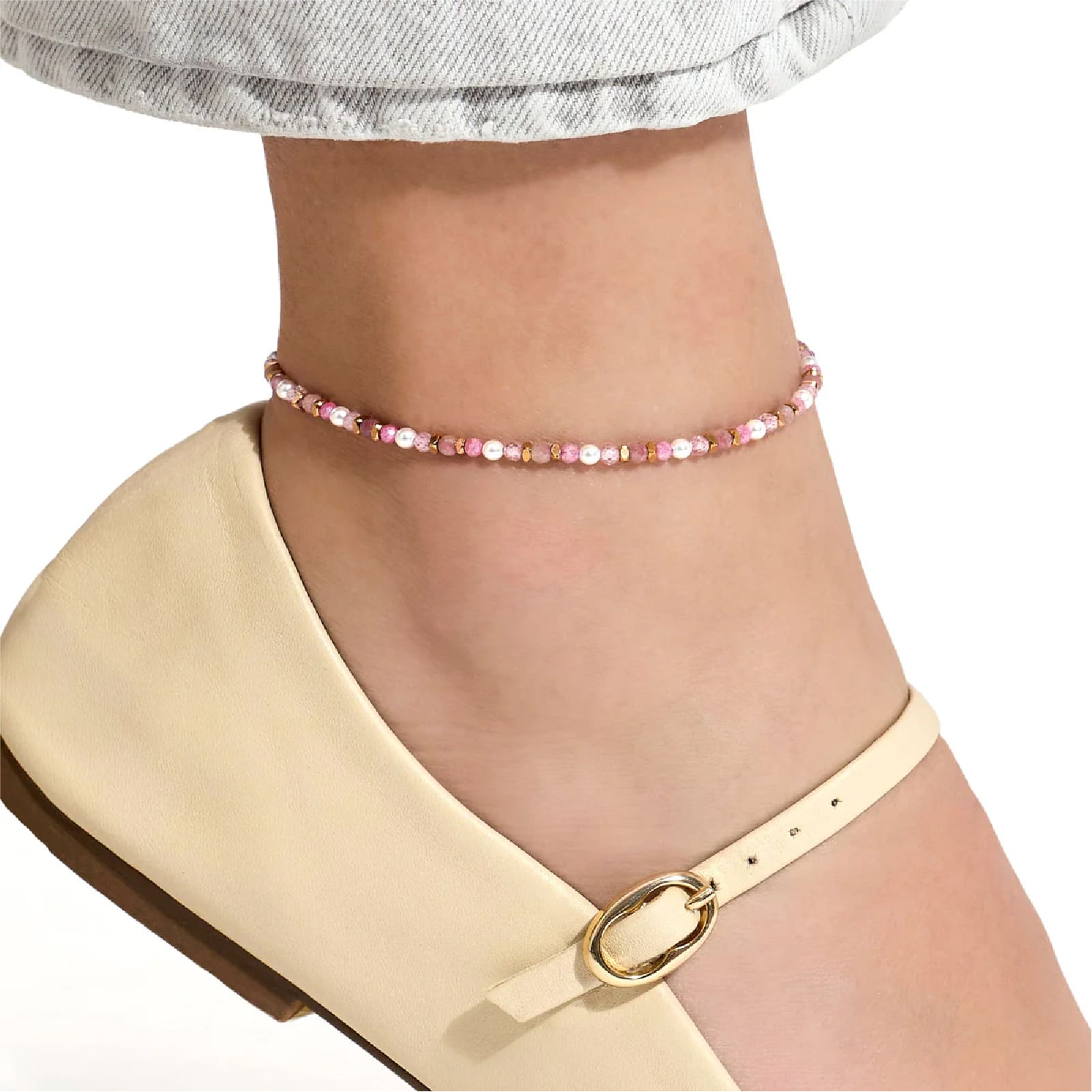Cavigliera Kidult Style 86 in acciaio oro con perline rosa Regolabile 21-25 cm