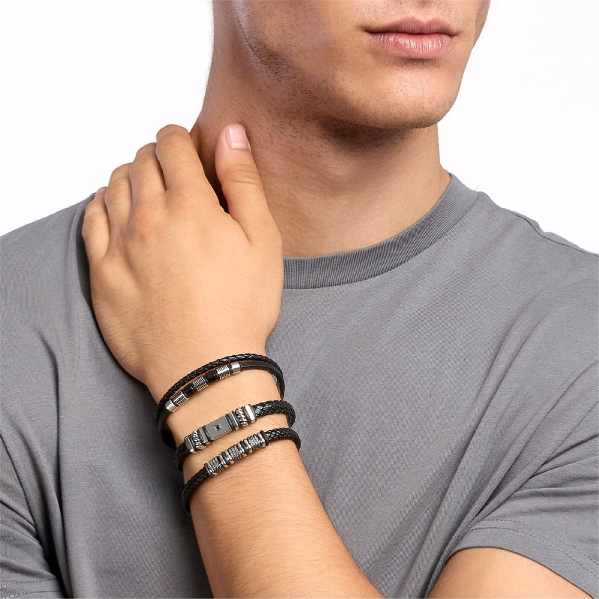 Bracciale doppia corda Kidult Style 52 in ecopelle e acciaio 20,5 cm