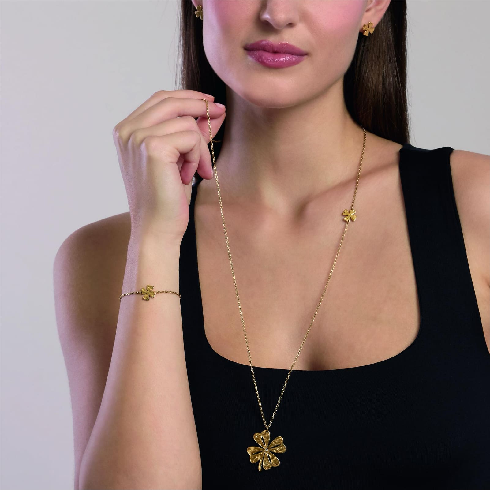 Collana Kidult Style in acciaio oro quadrifoglio e cristallo MISURA UNICA