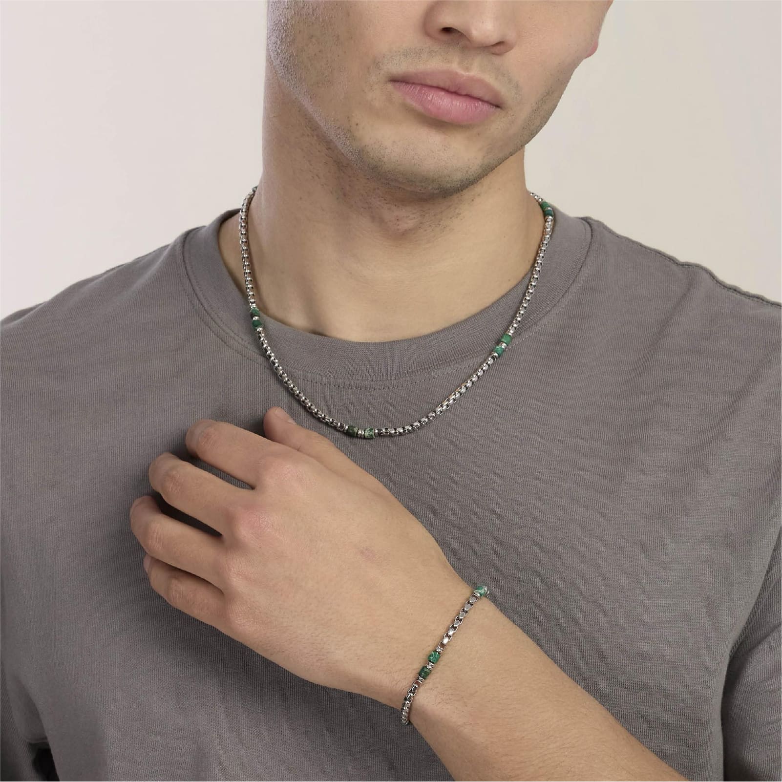 Collana catena Kidult Style in acciaio con diaspro verde uomo MISURA UNICA