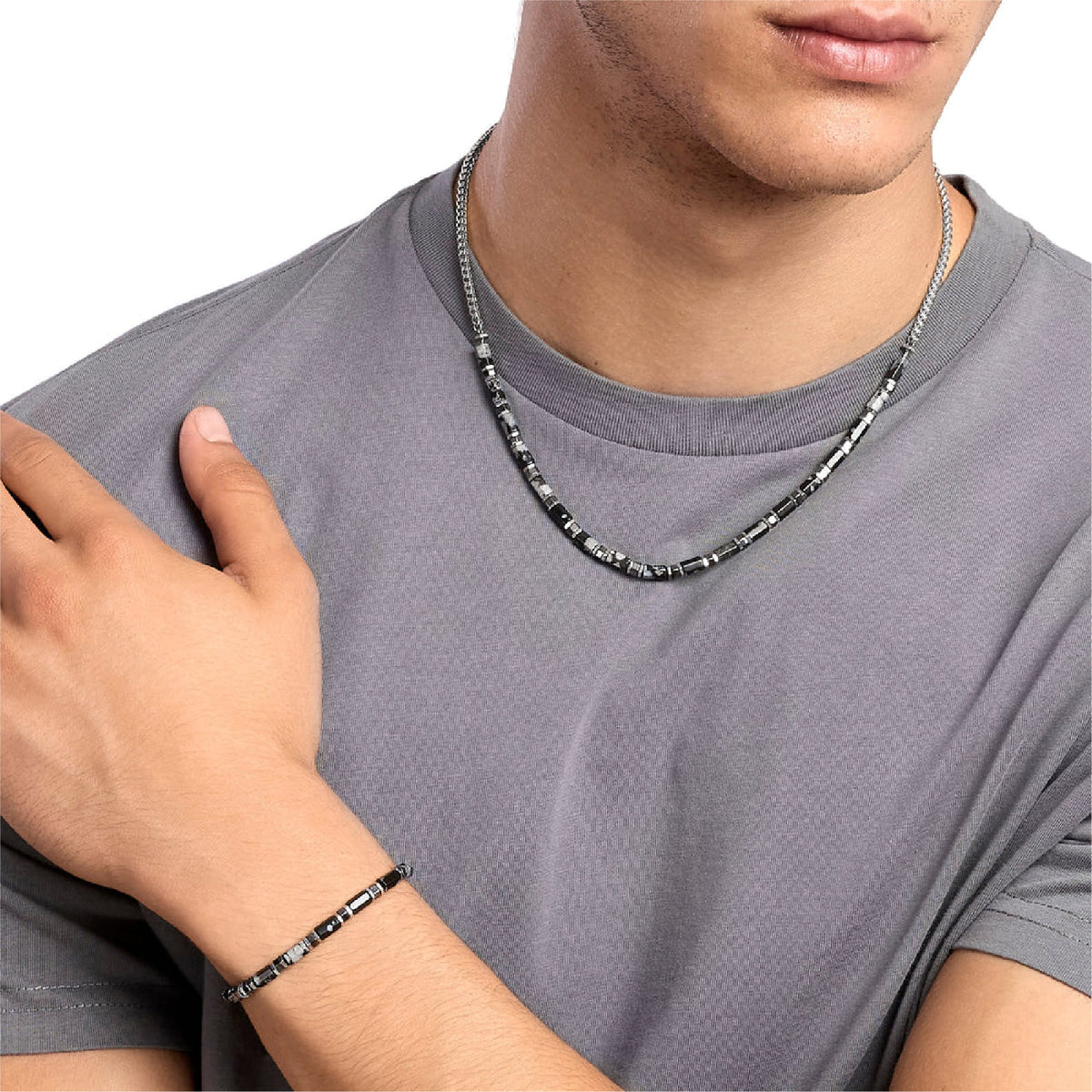 Collana catena Kidult Style 65 in acciaio agata ossidiana MISURA UNICA