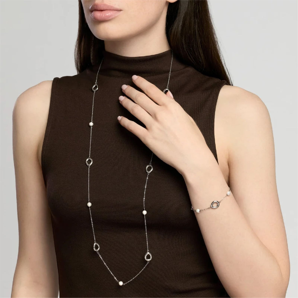 Collana catena rolò Kidult Style 92 in acciaio e perle MISURA UNICA