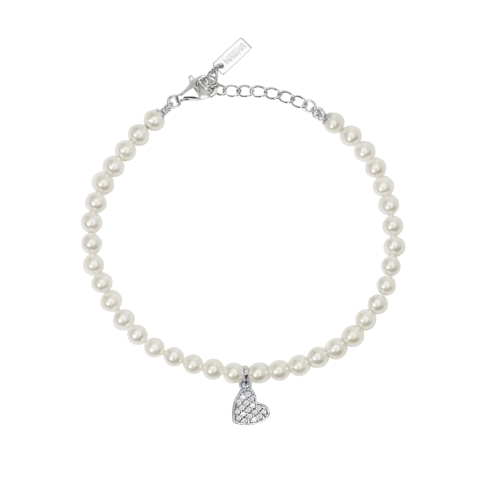 Bracciale con pendente Mabina argento con perle e zirconi cuore L 19 cm