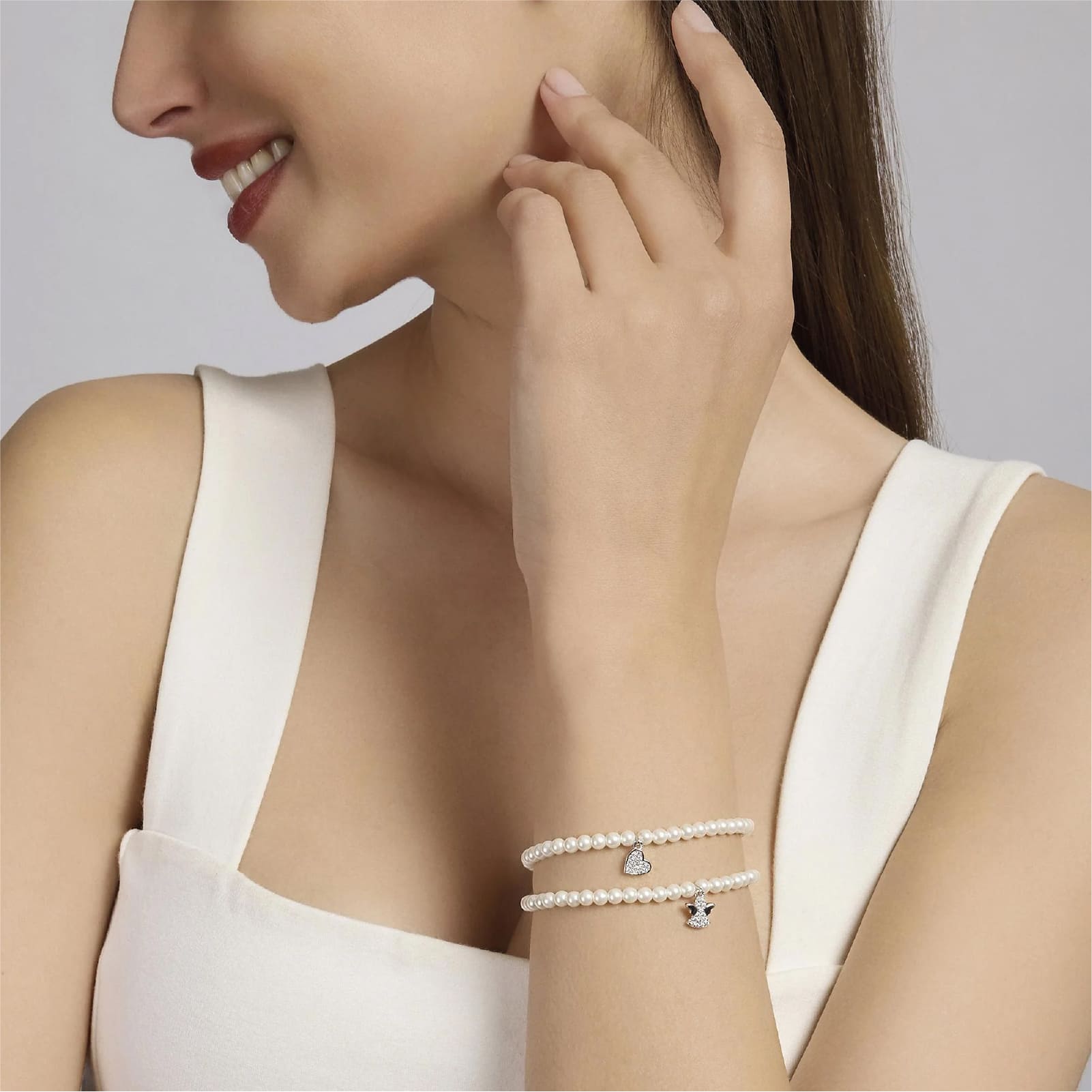 Bracciale con pendente Mabina argento con perle e zirconi cuore L 19 cm