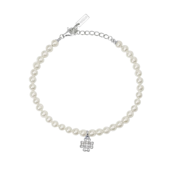 Bracciale pendente Mabina argento perle e zirconi quadrifoglio L 19 cm