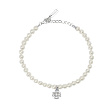 Bracciale pendente Mabina argento perle e zirconi quadrifoglio L 19 cm