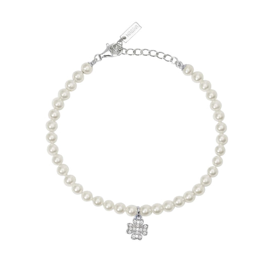 Bracciale pendente Mabina argento perle e zirconi quadrifoglio L 19 cm