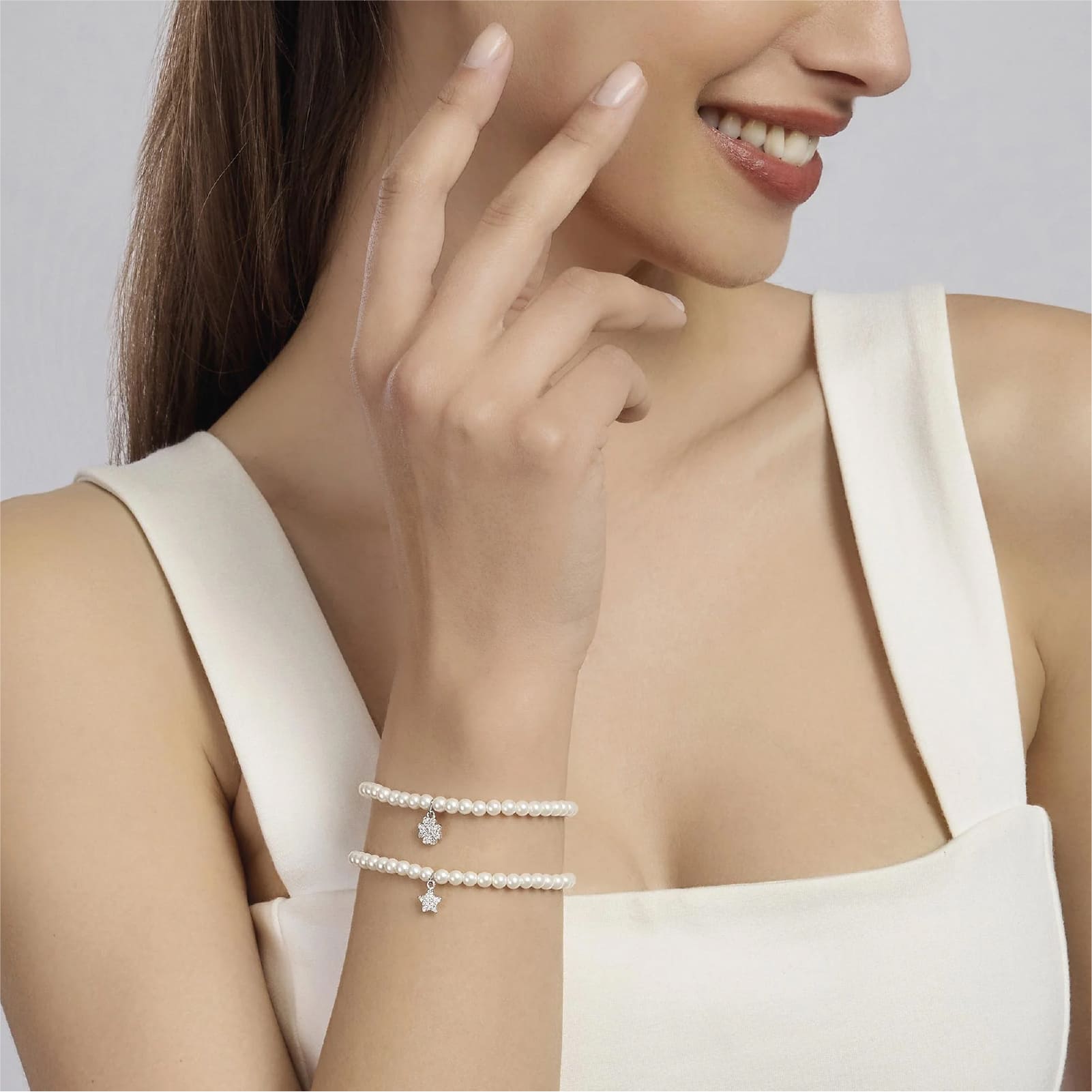 Bracciale pendente Mabina argento perle e zirconi quadrifoglio L 19 cm