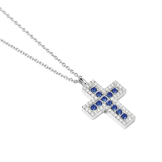 Collana girocollo Mabina in argento croce zirconi e zaffiri MISURA UNICA
