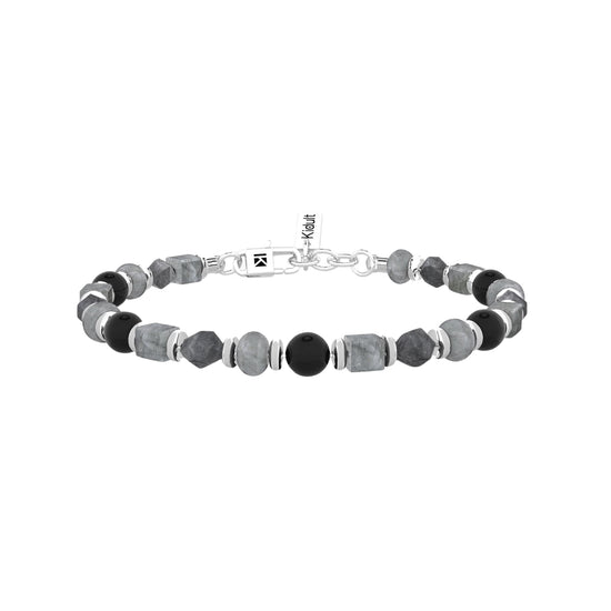 Bracciale da uomo Kidult in acciaio agata nera e grigia Regolabile 19-21 cm