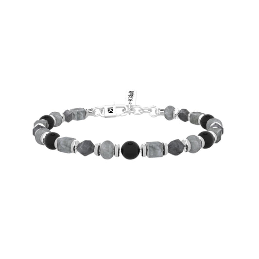 Bracciale da uomo Kidult in acciaio agata nera e grigia Regolabile 19-21 cm
