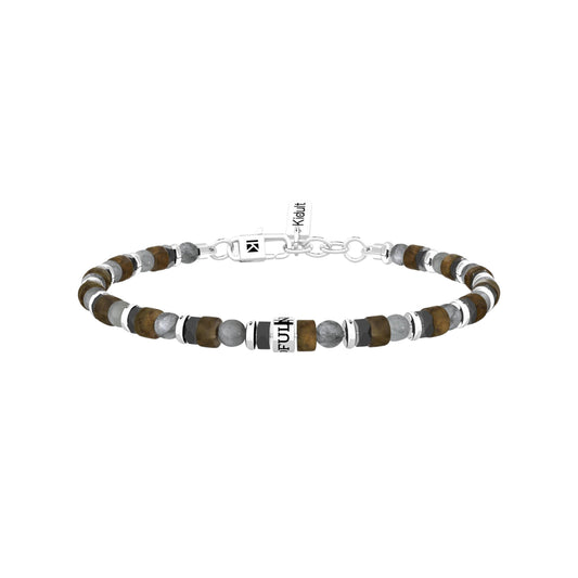 Bracciale uomo Kidult in acciaio con pietre grigio marroni Regolabile 19-21 cm