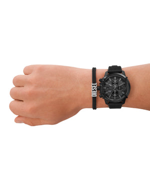 Cofanetto composto da orologio cronografo in acciaio e silicone nero e bracciale in corda nera Diesel Griffed da uomo DZ4650SET