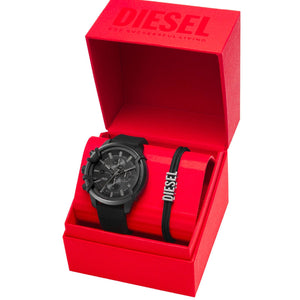 Cofanetto composto da orologio cronografo in acciaio e silicone nero e bracciale in corda nera Diesel Griffed da uomo DZ4650SET