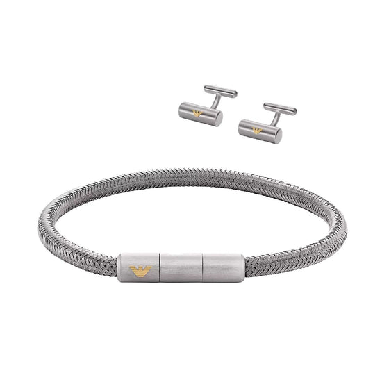Cofanetto bracciale e gemelli in acciaio Emporio Armani da uomo con simbolo EGS3044SET-1