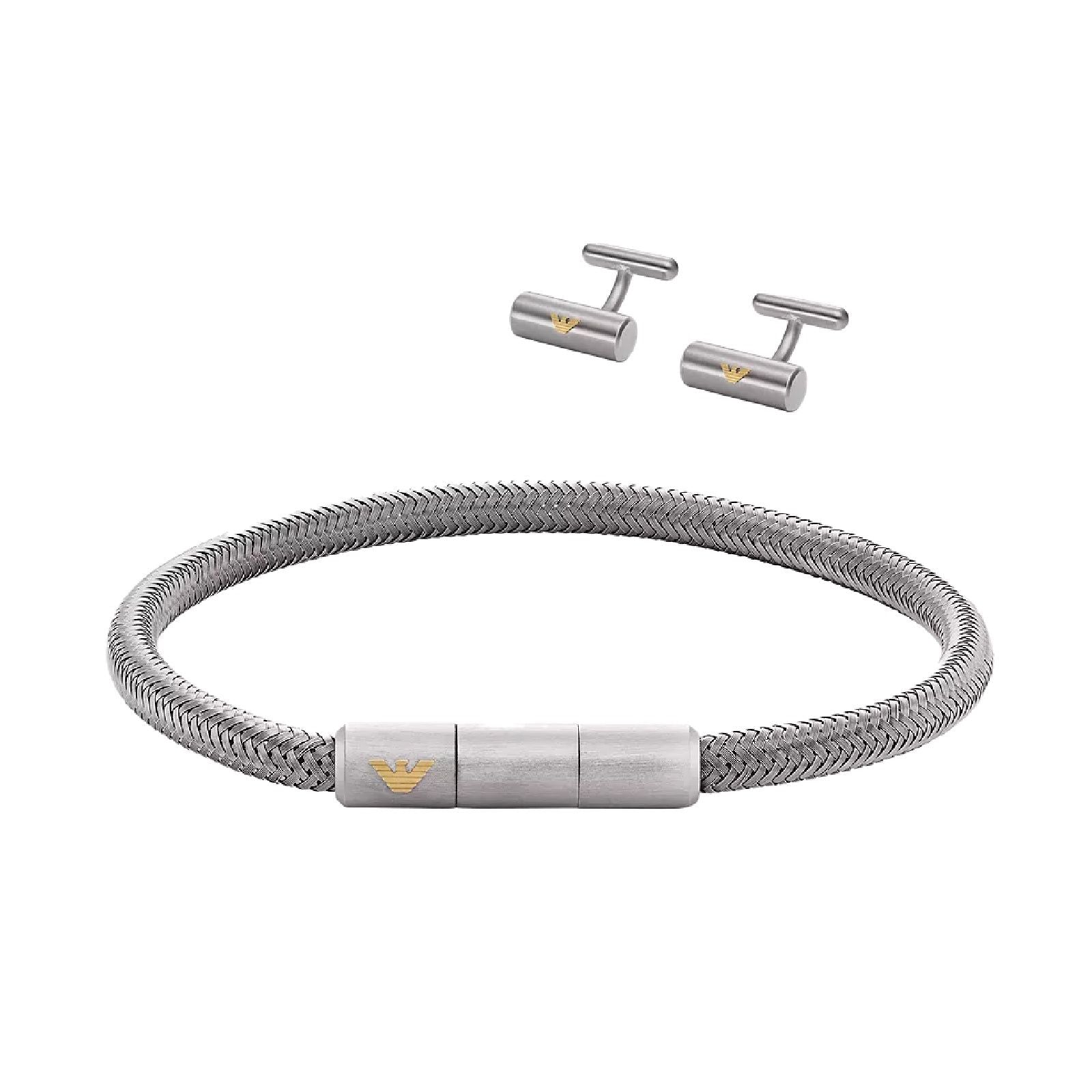 Cofanetto bracciale e gemelli in acciaio Emporio Armani da uomo con simbolo EGS3044SET-1