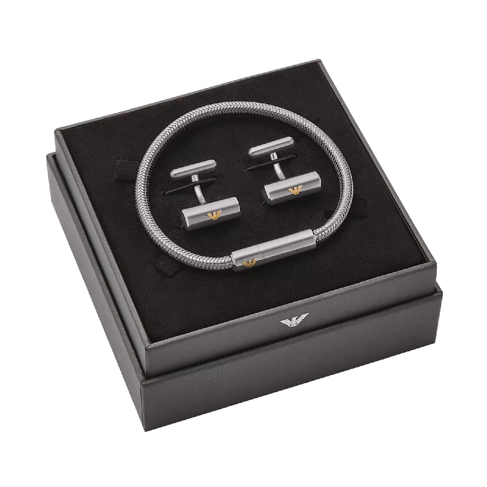 Cofanetto bracciale e gemelli in acciaio Emporio Armani da uomo con simbolo EGS3044SET-2