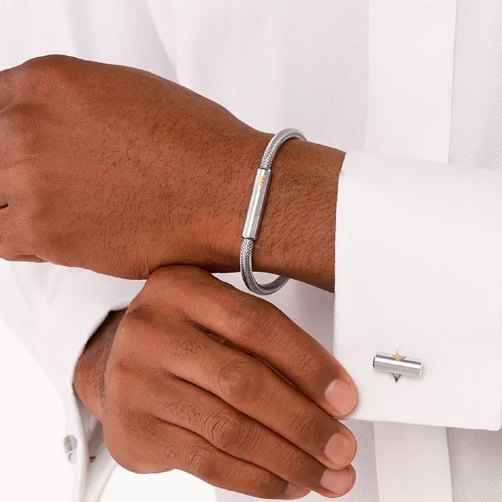 Cofanetto bracciale e gemelli in acciaio Emporio Armani da uomo con simbolo EGS3044SET-3