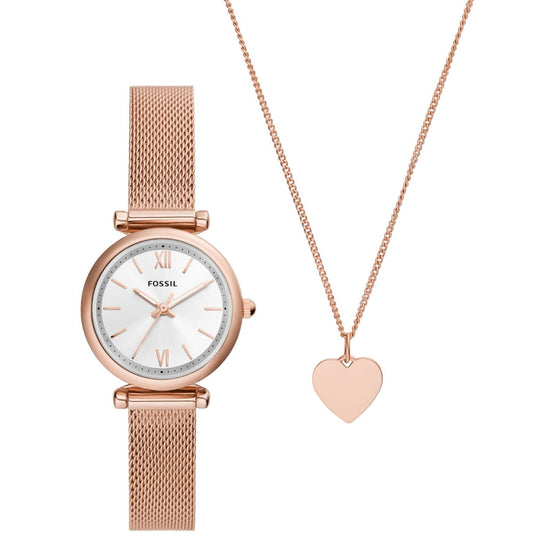 Cofanetto donna Fossil Carlie orologio solo tempo e collana con cuore acciaio rosé ES5314SET-1