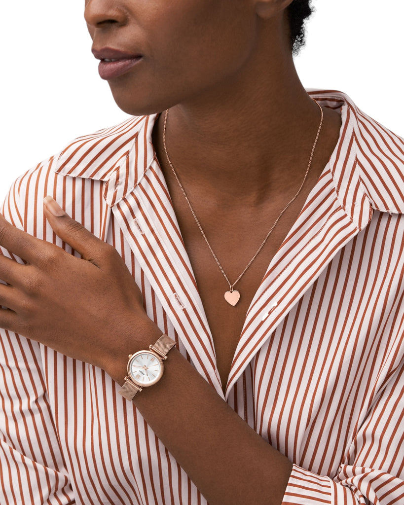 Cofanetto della collezione Fossil Carlie da donna composto da orologio solo tempo e collana con cuore in acciaio rosé ES5314SET
