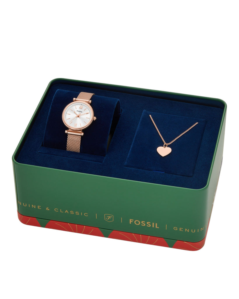 Cofanetto della collezione Fossil Carlie da donna composto da orologio solo tempo e collana con cuore in acciaio rosé ES5314SET