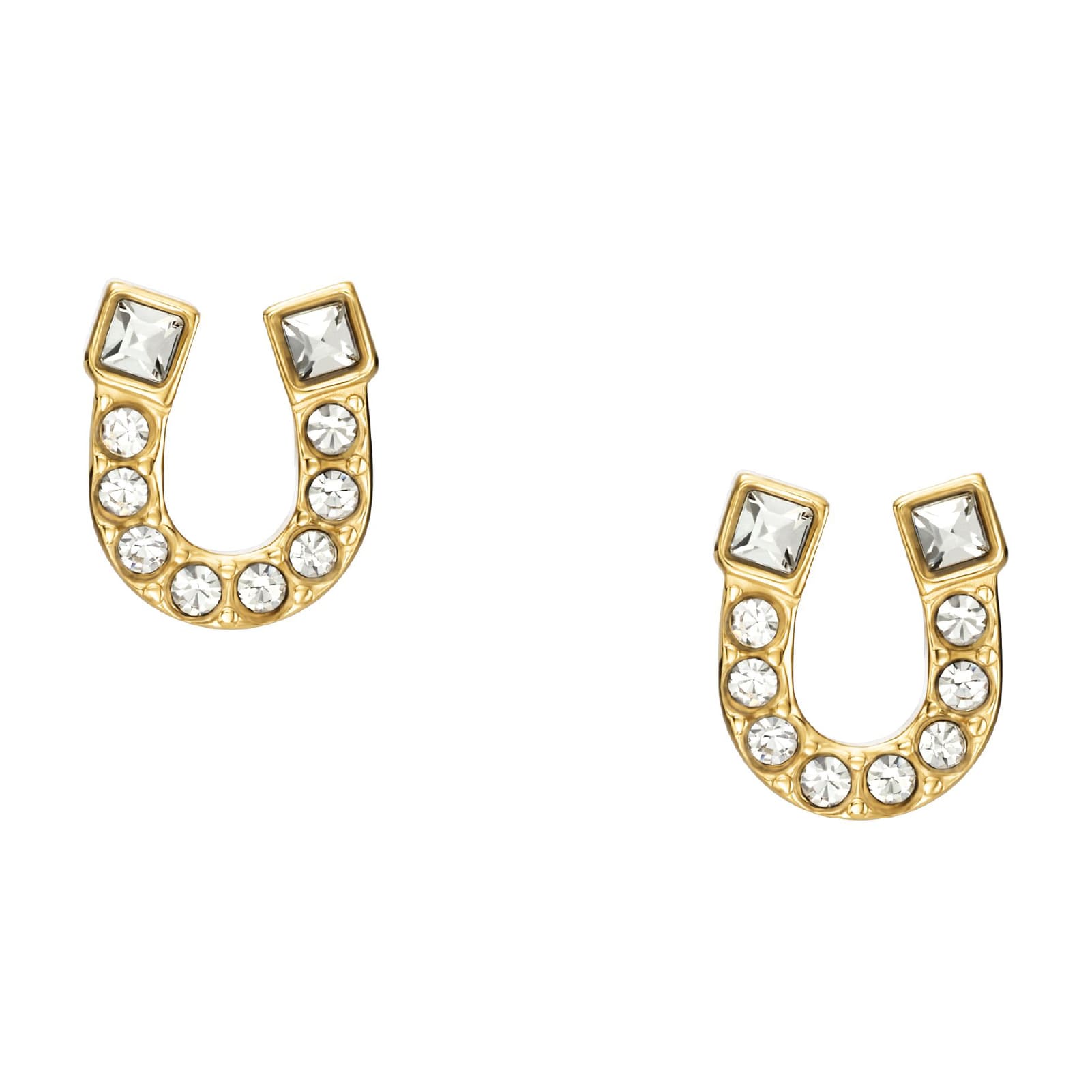 Orecchini Fossil in acciaio dorato con ferro di cavallo