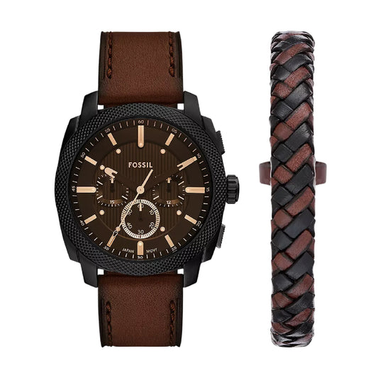 Set orologio e bracciale Fossil in acciaio e pelle marrone