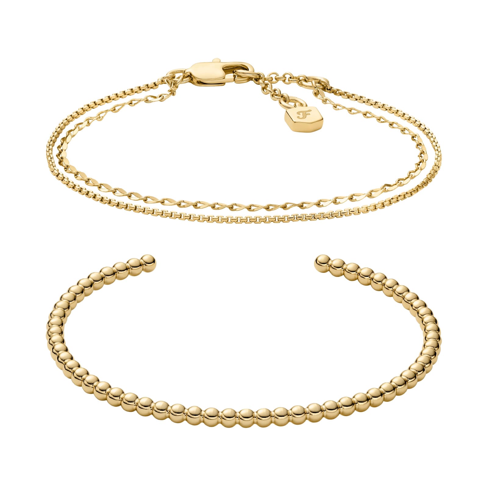 Set di bracciali rigido e catena Fossil in acciaio dorato REGOLABILE