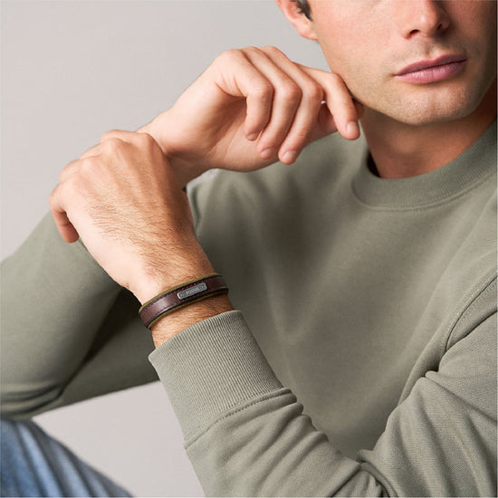 Bracciale Fossil Everett pelle marrone e tela verde uomo REGOLABILE