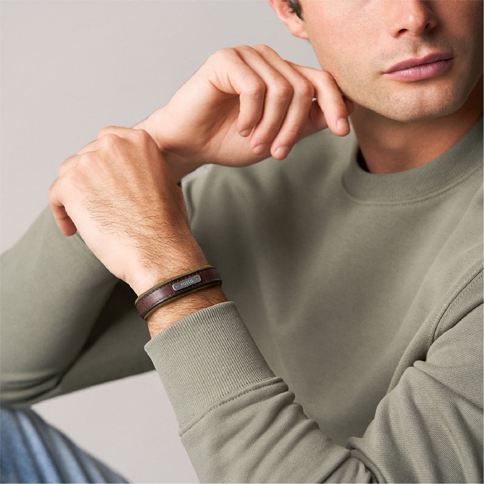 Bracciale Fossil Everett pelle marrone e tela verde uomo REGOLABILE