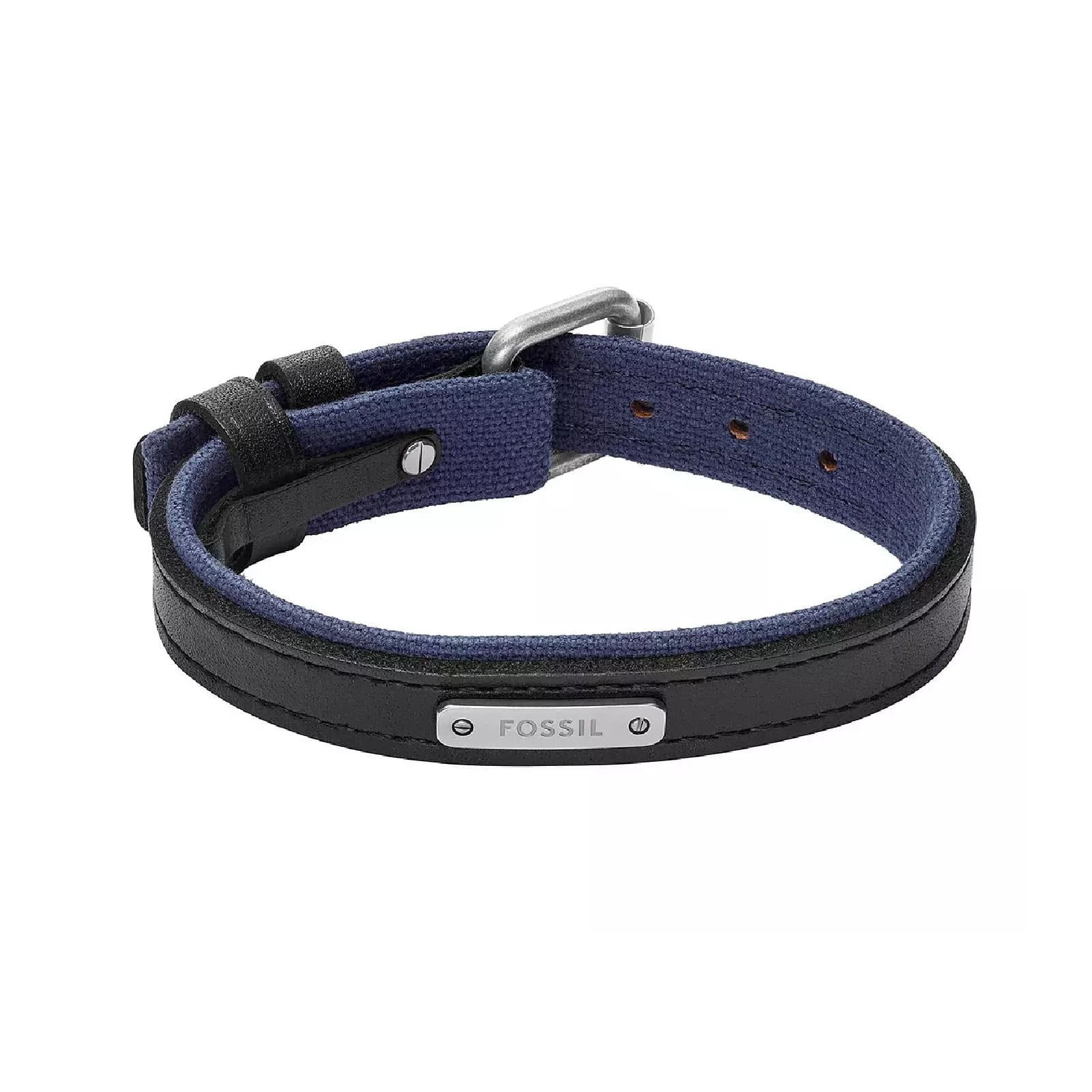 Bracciale Fossil Everett pelle nera e tela blu notte uomo REGOLABILE