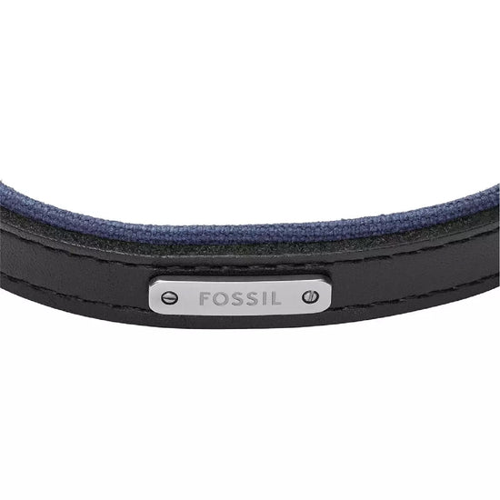 Bracciale Fossil Everett pelle nera e tela blu notte uomo REGOLABILE