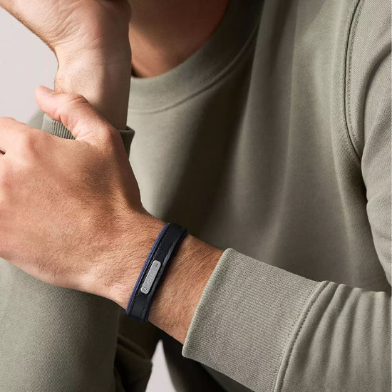 Bracciale Fossil Everett pelle nera e tela blu notte uomo REGOLABILE
