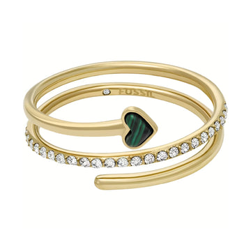 Anello aperto Fossil in acciaio dorato con cuore verde
