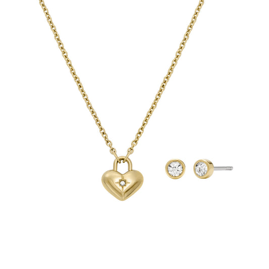 Set collana orecchini Fossil in acciaio dorato con cristalli