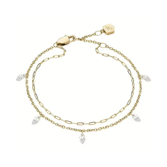 Bracciale multifilo Fossil Ellis acciaio oro e cristalli donna 19 cm