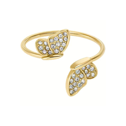 Anello aperto Fossil in acciaio dorato con farfalla